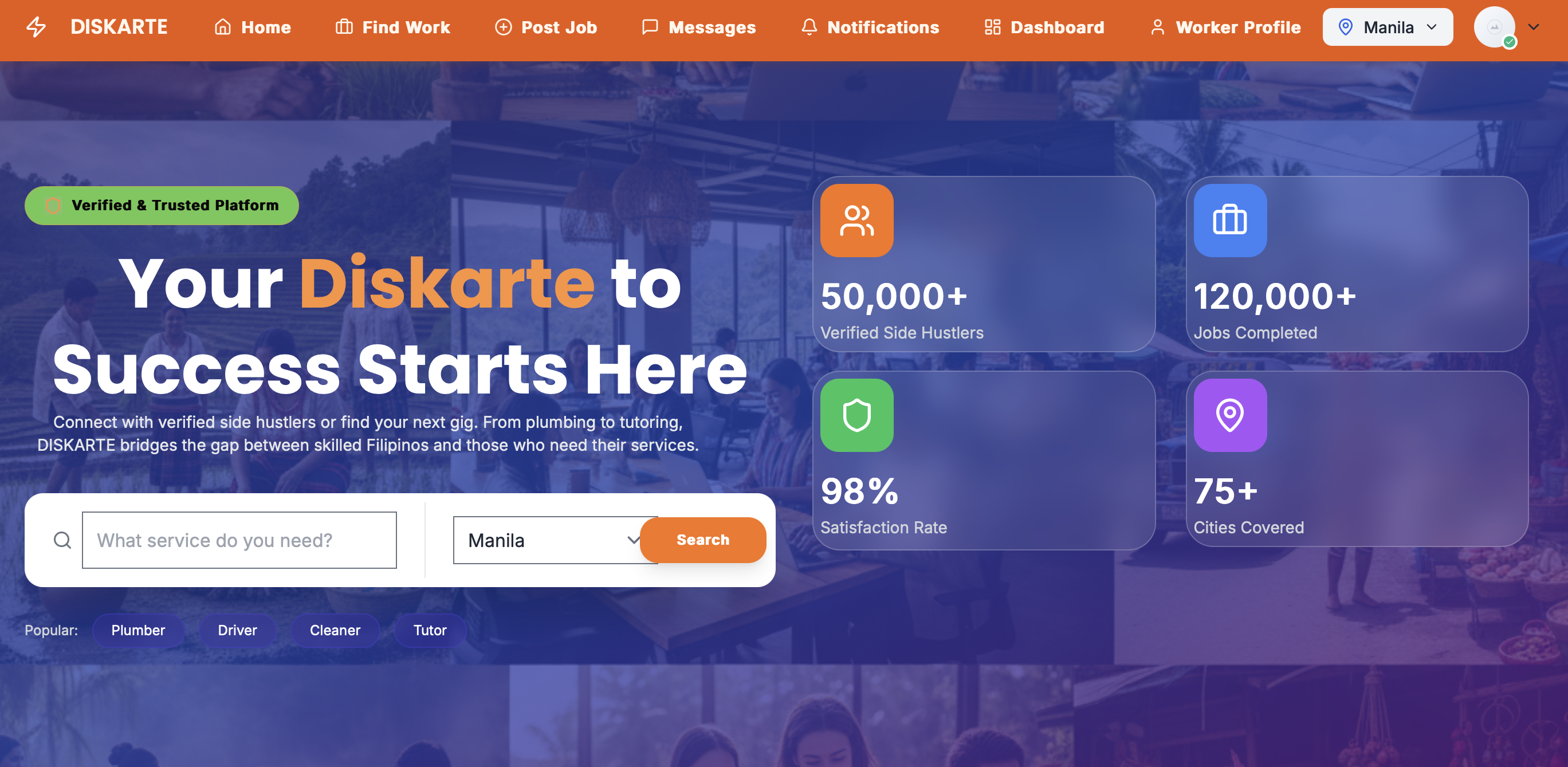 Diskarte job platform showing skilled Filipino workers and service categories