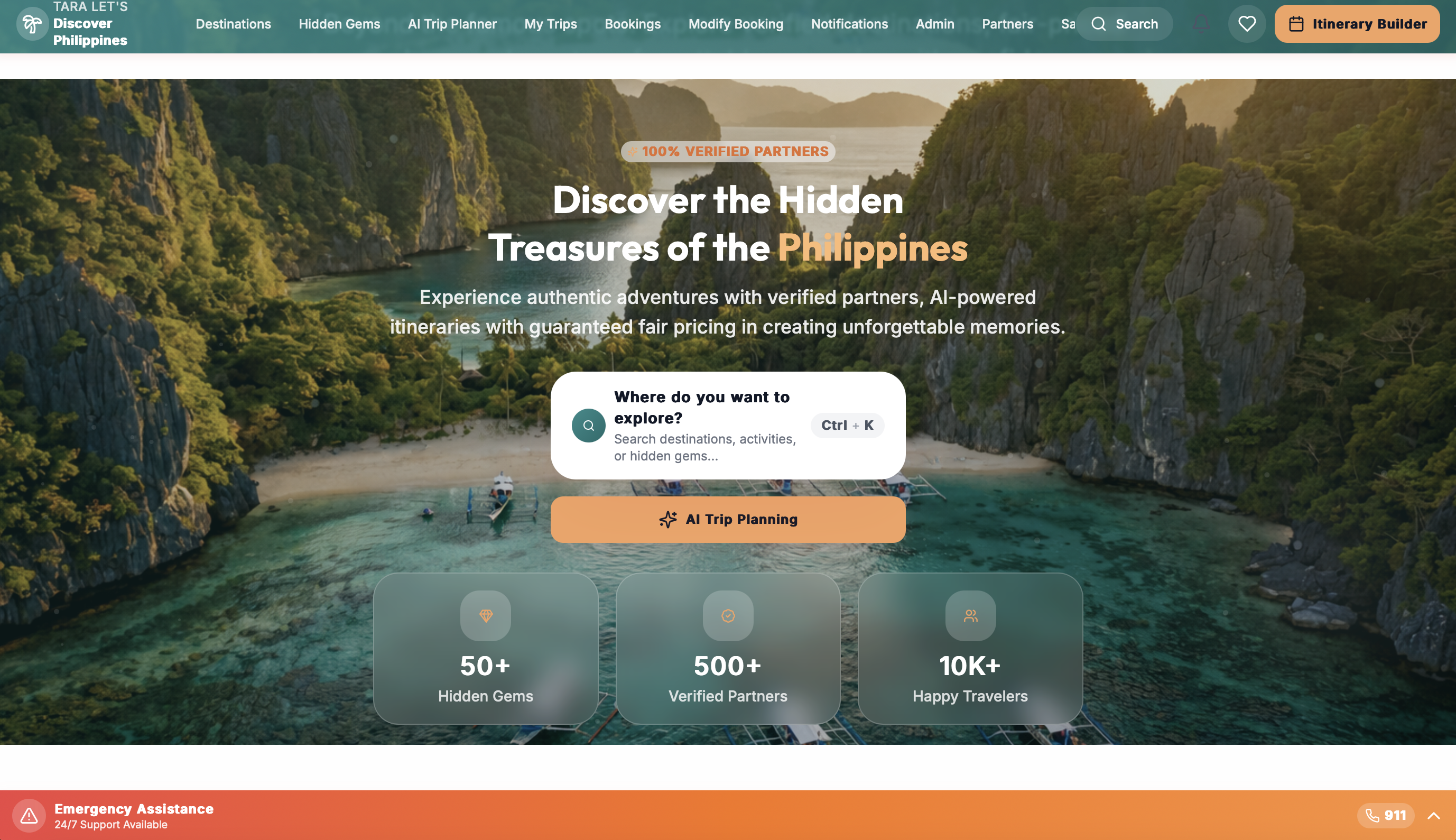 Tara Let's Discover Philippines travel platform showing Philippine destinations and AI trip planning